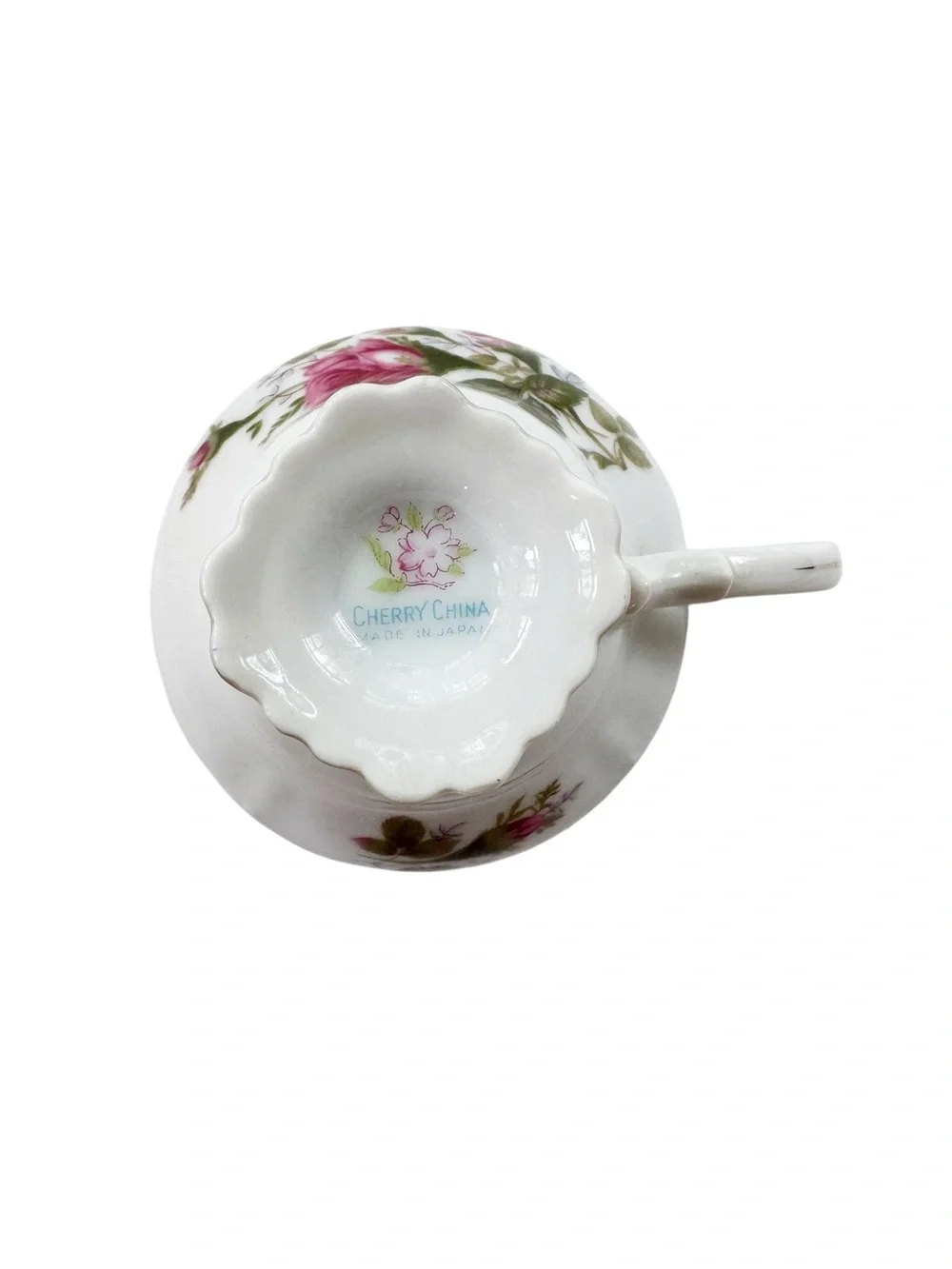 Vintage Cherry China Moss Rose Teacup and Saucer Set Gold Trim Made in Japan